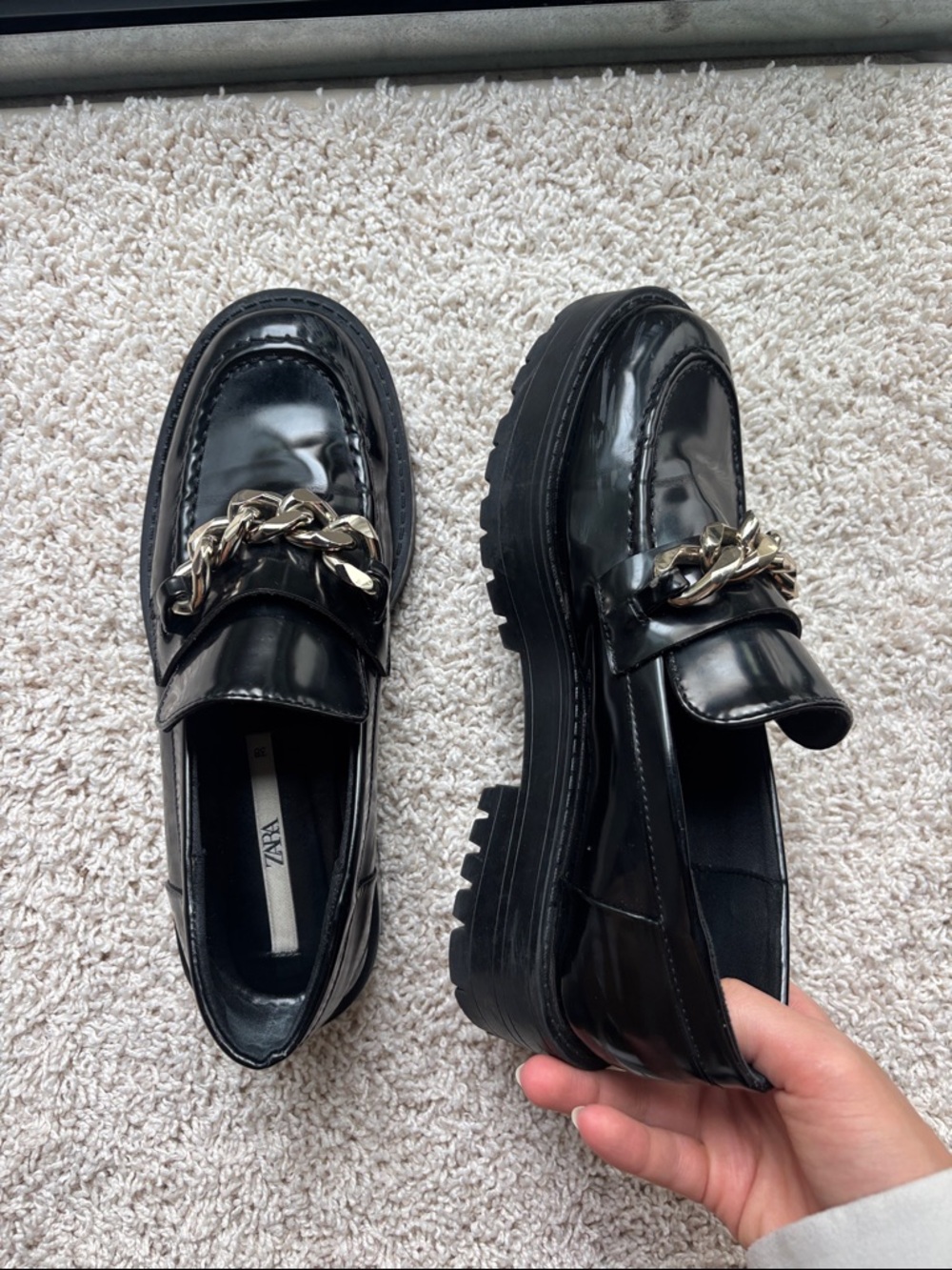 Zara Black Patent Loafers with Gold Chain Detail